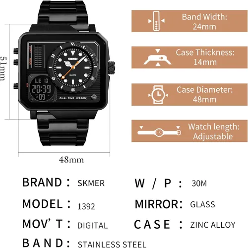 Vista 7 de SKMEI Men's Digital Sports Watch, LED Square Large Face Analog Quartz Wrist Watch with Multi-Time Zone Waterproof Stopwatch