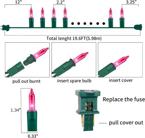Vista 3 de Ultra-brillantes luces de Navidad rosa mini de 100L 19.6 pies, cadena de luces incandescentes UL listadas, se conectan de extremo a extremo, juego