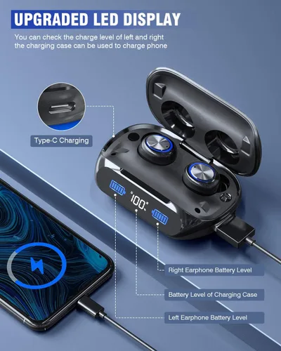 Vista 3 de Auriculares inalámbricos de 200 horas de reproducción Bluetooth, IPX7 impermeable, con cancelación de ruido, pantalla LED de alimentación con funda