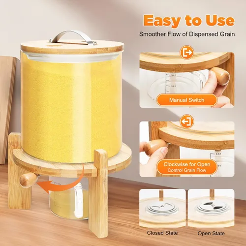 Vista 5 de Dispensador de arroz de 5L/7.5L, dispensador de alimentos secos, contenedor de almacenamiento de granos, tanque de vidrio con válvula+tapa+taza