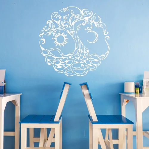 Vista 4 de Vinilo adhesivo para pared, diseño de árbol de la vida, símbolo celta, luna, sol, día, noche, decoración grande (722ig) (M 22.5 x 22.5 pulgadas)