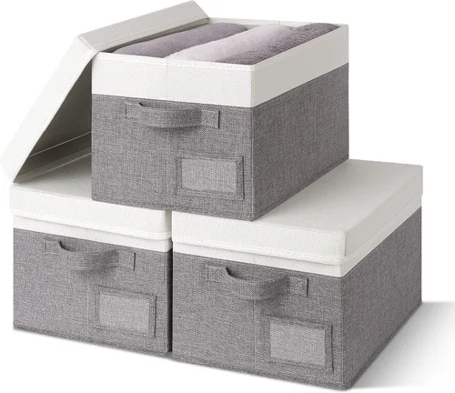 Vista 21 de GRANNY SAYS Cajas de tela con tapas, contenedores de almacenamiento con asas, contenedores de estante para organizar, cajas de almacenamiento extra