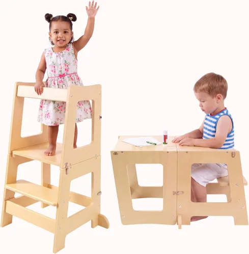 Vista 9 de Taburete de madera ajustable de 3 niveles para niños pequeños, color gris