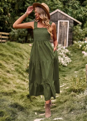 Vista 8 de Vaiaye Vestido largo de verano para mujer, estilo casual, bohemio, sin mangas, tirantes delgados, fruncido, largo, fluido, escalonado, para el sol