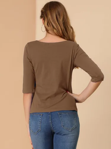 Vista 5 de Allegra K Camisetas casuales con cuello redondo y manga de codo para mujer, blusas ajustadas a la moda