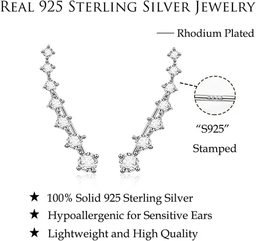 Vista 7 de Aretes de plata esterlina 925 sólidos con 7 cristales de Reffeer, aretes de escalador para mujer, aretes envueltos