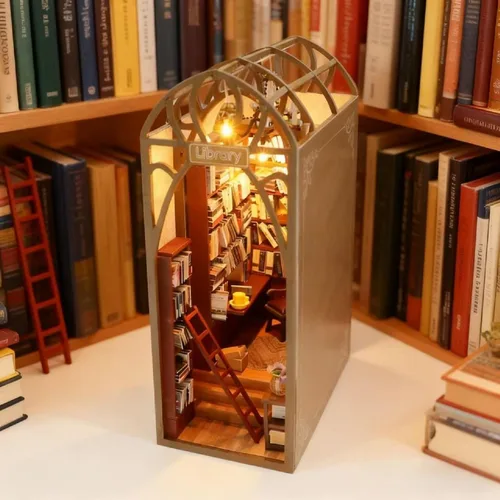 Vista 5 de Kit de rincón de libros para bricolaje con luces LED, rompecabezas de madera 3D para insertar en estantería y decoración de casa de muñecas, kit