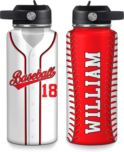 Vista 8 de Hyturtle Botella de agua de béisbol personalizada, botella de acero inoxidable aislada de viaje con tapa a prueba de fugas, 18 onzas, 32 onzas
