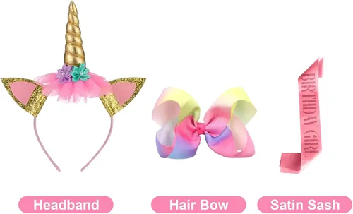 Vista 4 de K-Acc Conjunto de traje de cumpleaños de unicornio, vestido de falda tutú, camisa, diadema, banda de satén, vestido de fiesta de unicornio para niñas