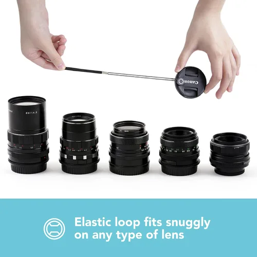 Vista 4 de Foto&Tech Correa con tapa para lente de cámara con cuerda elástica, compatible con cámaras DSLR SLR Evil sin espejo universales (1 pieza)