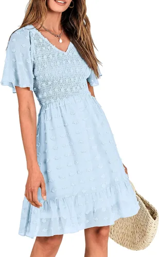 Vista 6 de BTFBM - Vestido de vacaciones en la playa para mujer, cuello en V, manga corta, fruncido, plumetí, casual, con volantes,vestidos cortos