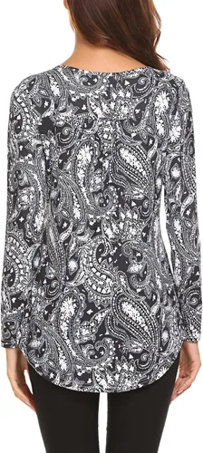 Vista 5 de Blusa de manga larga con estampado floral Henley cuello en V, plisada, casual, acampanada, para mujer