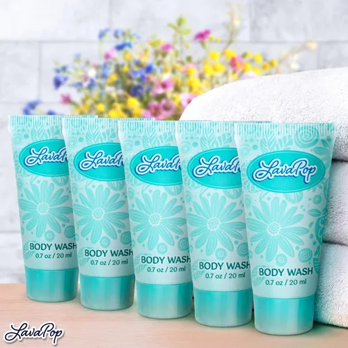 Vista 4 de LavaPop - Gel de baño tamaño viaje - Iris, violeta y ámbar, 0.7 onzas líquidas, paquete de 100 - Deleita a tus invitados con gel de baño calmante