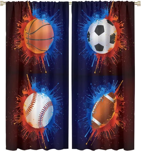 Vista 36 de Cortinas deportivas de baloncesto para niños, patrón de llama de bola 3D naranja, 42 pulgadas de ancho x 45 pulgadas de largo