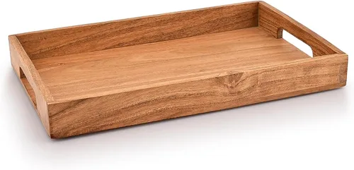 Vista 2 de Bandeja de madera de acacia con asas, bandeja de madera, bandeja de aperitivos, bandeja de desayuno, ideal para desayuno, mesas de café, hogares