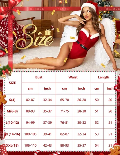 Vista 5 de RSLOVE Lencería de Navidad para mujer, body de peluche sexy de una pieza con cinturón
