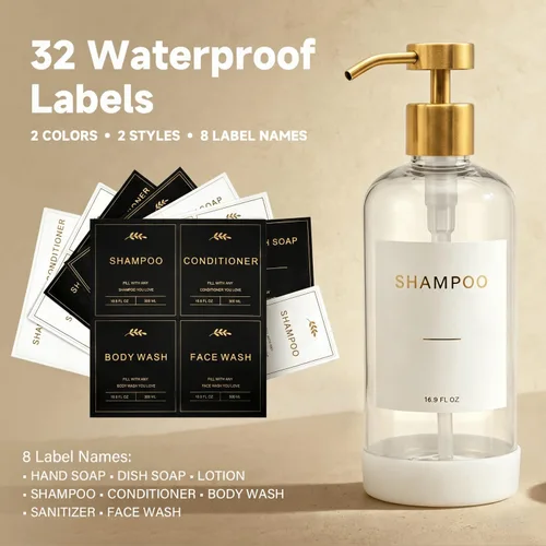 Vista 2 de Prus Waso Botellas recargables de champú y acondicionador, transparentes y Transparente y dorado