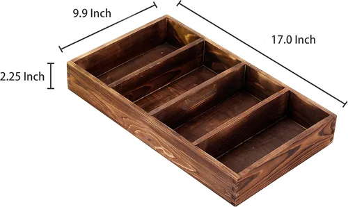Vista 6 de MyGift Bandeja organizadora de cajones de madera quemada con 4 ranuras, utensilios multiusos, cubiertos, contenedor de madera para herramientas