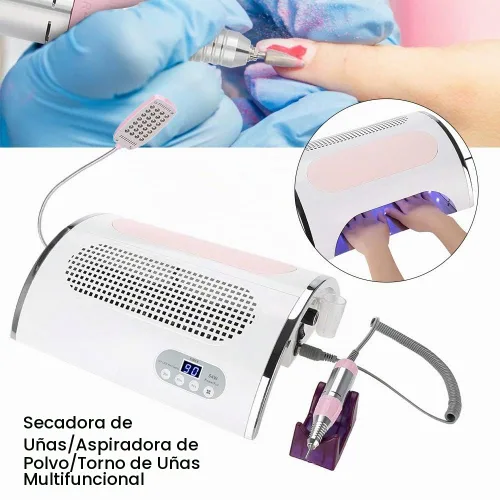 Vista 3 de Sonew Máquina perforadora eléctrica multifuncional 4 en 1, kit de taladro de lima de uñas con lámpara secadora de uñas de 54 W y colector de succión