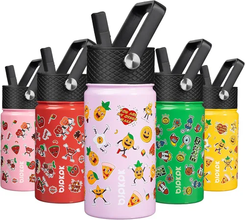 Vista 41 de BJPKPK Botella de agua con tapa con pajilla, botella de agua aislada de 15 onzas, botellas de agua de metal de acero inoxidable, termo reutilizable