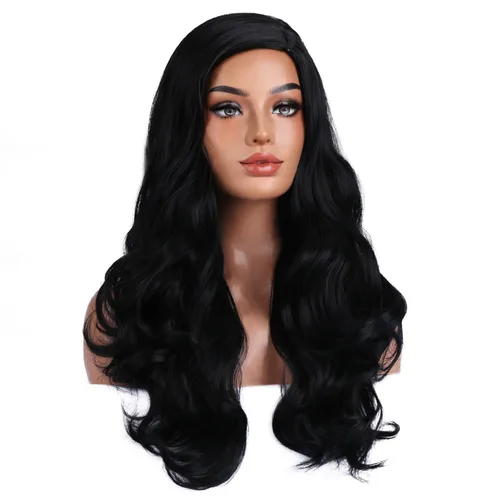 Vista 2 de RightOn Peluca negra larga ondulada negra para mujer, peluca ondulada negra para mujer, cosplay, fiesta, diario, red de pelo incluye Negro