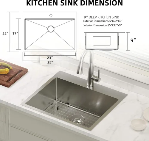 Vista 5 de Bonnlo Fregadero de cocina de 25 pulgadas de montaje superior, fregadero de cocina de estilo granja con protector de fregadero de calibre 18