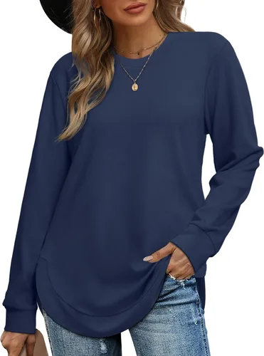 Vista 2 de OFEEFAN Sudadera de manga larga con cuello redondo para mujer, dobladillo curvado
