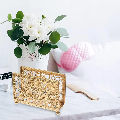 Vista 4 de Retro Metal Napkin Holder Upright Serviette Rack Gold Rectangular Iron Napkin Stand for Restaurant Table and Home Kitchen Decor