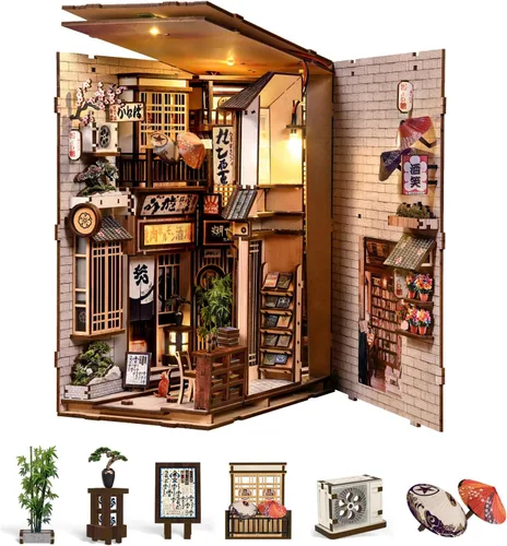 Vista 13 de Kit de rincón de libros en miniatura, rompecabezas de madera 3D, decoración de estantería de biblioteca con luces LED, modelo de casa pequeña