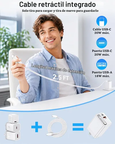 Vista 4 de Cargador de pared retráctil USB C, bloque de carga rápida 3 en 1 para Blanco