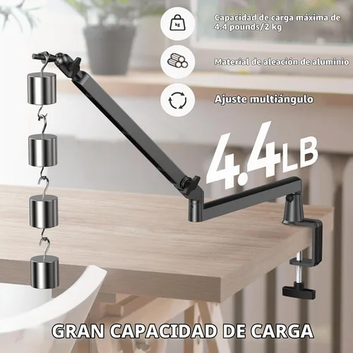 Vista 4 de Brazo de micrófono de perfil bajo de 5.9 in elevador extra, brazo de micrófono ajustable, soporte de micrófono montado en escritorio de metal