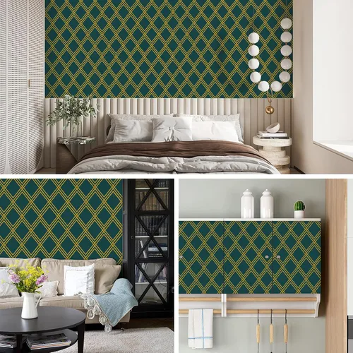 Vista 4 de Ohmywor Papel tapiz para despegar y pegar, papel tapiz verde oscuro y dorado, papel tapiz geométrico de diamante, papel de contacto autoadhesivo
