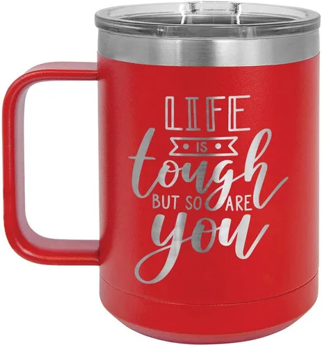 Vista 12 de LIFE IS TOUGH BUT SO ARE YOU Negro Taza de café de 15 oz con tapa deslizante Taza de café de viaje aislada Ideas de regalos de cumpleaños