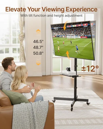 Vista 4 de Soporte de TV rodante resistente para pantallas de 23 a 60 pulgadas, soporta 121 libras (TV de 99 libras + estante de 22 libras), carrito de TV