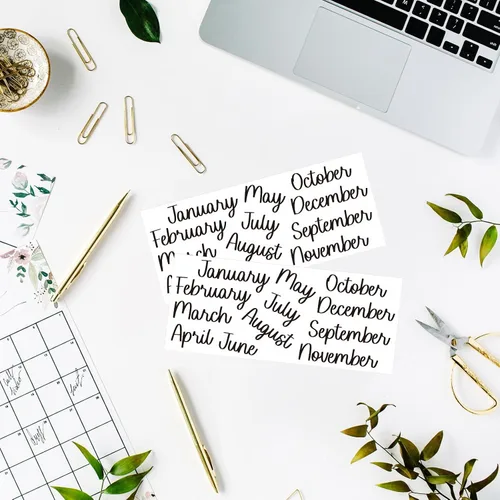 Vista 5 de Epakh 12 hojas de calcomanías para planificador mensual, calcomanías escritas a mano con pinzas para codo, calendario mensual para planificadores