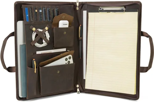 Vista 11 de Portafolio de cuero vegano para tamaño legal (8.5 x 14 pulgadas), portafolio portapapeles con asa, soporte para laptop de 15 pulgadas, organizador