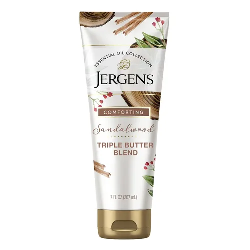 Vista 5 de Jergens Loción corporal reafirmante para piel seca a extra seca, crema para tensar la piel y loción de mantequilla corporal de sándalo, hidratante