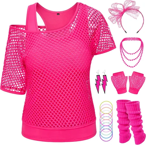 Vista 2 de Yuriko Disfraz de fiesta de los años 80 para mujer, camiseta de neón con hombros descubiertos, dos piezas con accesorios de disfraces de los años 80
