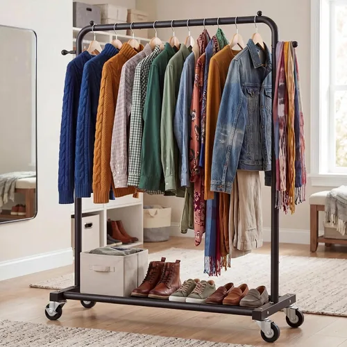 Vista 2 de Sywhitta - Perchero de ropa con ruedas y estante de almacenamiento y marco de metal resistente, perchero de ropa minorista para colgar ropa