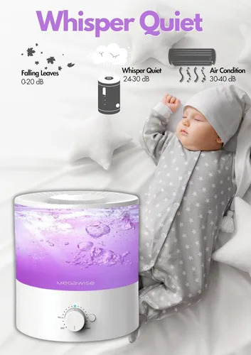 Vista 5 de MegaWise Humidificadores de niebla fría para bebés, dormitorio, guardería, hogar y oficina, vaporizador ultrasónico súper silencioso, recarga