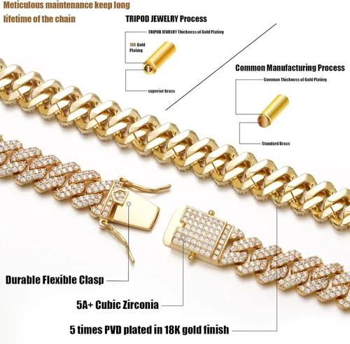 Vista 2 de TRIPOD JEWELRY Cadena o pulsera de eslabones cubanos con diamantes chapados en oro blanco o de 0472in cadena o pulsera de hip hop Miami gargantilla