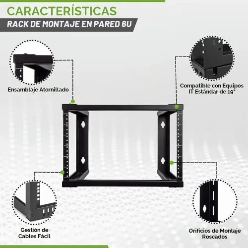 Vista 2 de NavePoint - Soporte de pared 6U de marco abierto para equipos de servidor de 19", rosca de 16", color negro