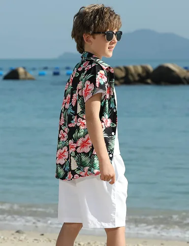 Vista 3 de Enlifety Camisa hawaiana para niños y niñas, blusa casual de verano de manga corta con botones, talla 2-10T