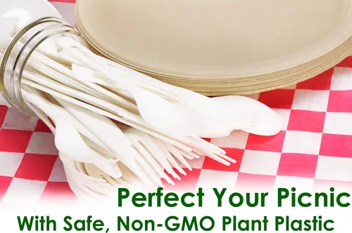 Vista 3 de Cucharas hechas de plástico a base de plantas sin OMG, paquete de 25. Los utensilios resistentes están certificados compostables, desechables