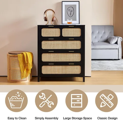 Vista 7 de Cómoda de 4 cajones, moderna cómoda de ratán con cajones anchos y asas de metal, cómoda de almacenamiento de madera de granja para dormitorio, sala