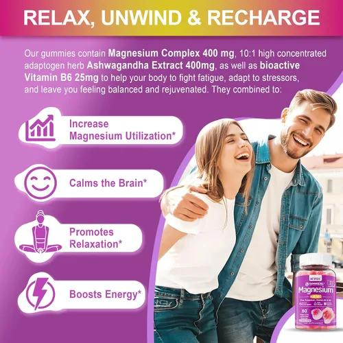 Vista 4 de Gomas de magnesio 400mg Complejo de magnesio 5 en 1 para mujeres y hombres: glicinato de magnesio, citrato, malato, cloruro y taurato