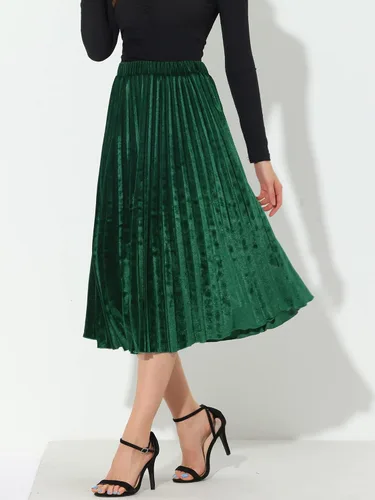 Vista 2 de Allegra K Falda midi plisada de terciopelo para mujer, de cintura alta, elástica, para otoño e invierno