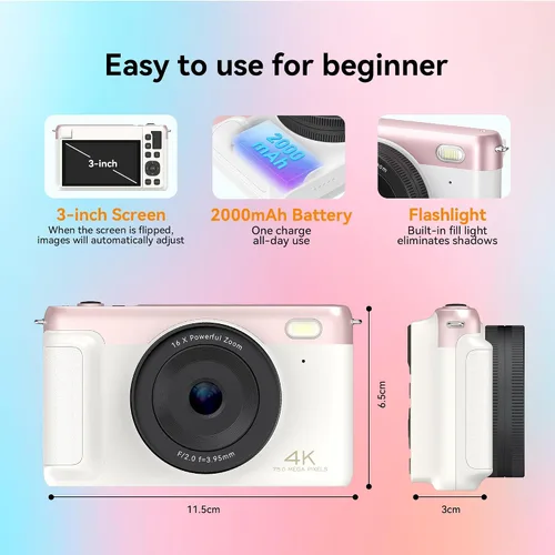 Vista 8 de 4K Digital Camera Vlogging Camera for Travel Point and Shoot 75MP Photo Resolution, 4K 30FPS Video, 3-Inch Flip IPS Screen, 2500mAh Battery, 32GB