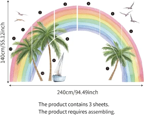 Vista 5 de funlife Calcomanías de Pared de Tela Grandes de Medio Arcoíris Despegar y Pegar para Dormitorio de Niñas, Golden Shores Coco