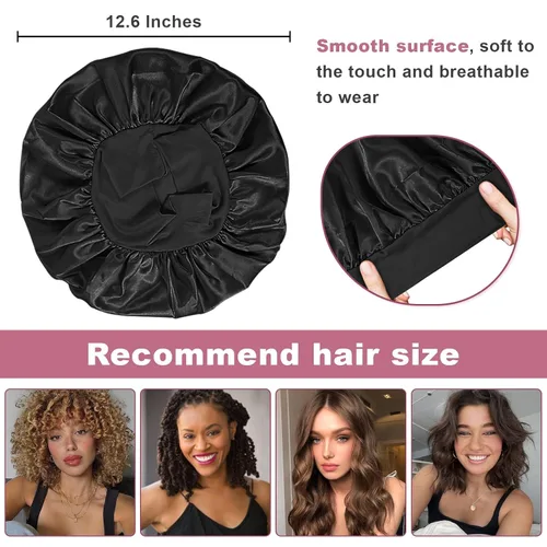 Vista 3 de 4 piezas de gorro de satén de seda, gorro de cabello para dormir, gorro de seda elástica de banda ancha para dormir, suave y transpirable Gorra